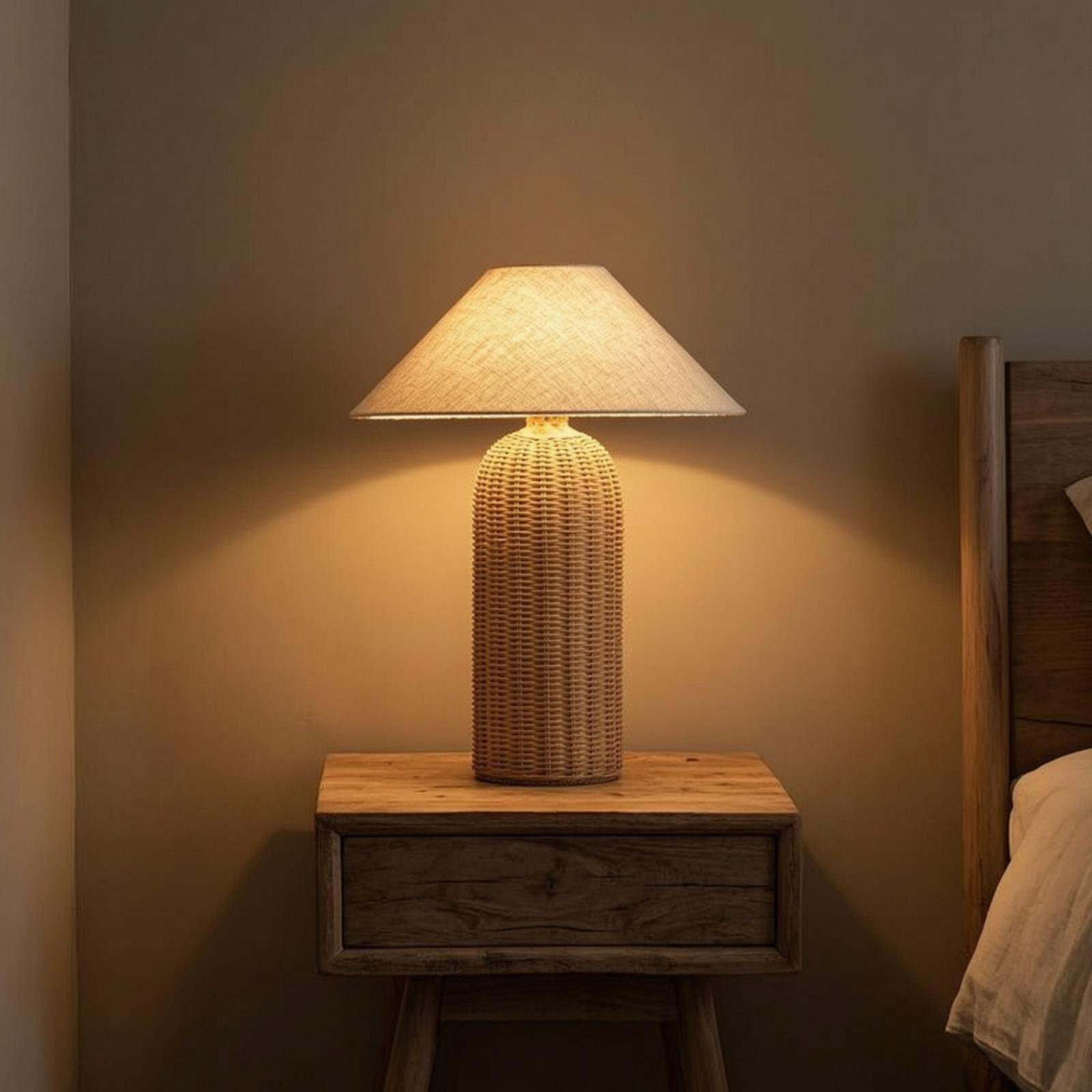 Lighting Decor For Bedroom - Nachttischlampe mit Rattanfuß und Stoffschirm, Dekorative