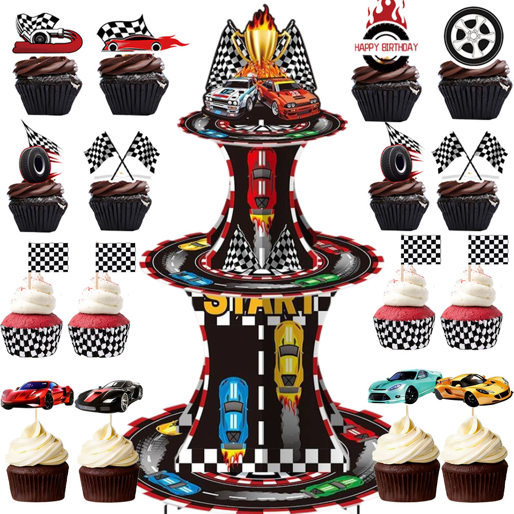 Lighting Mcqueen Birthday Decor - Rennwagen-Geburtstagsparty-Deko 3-stufiger Cupcake-Ständer Rennwagen-Cupcake-Topper und -Hüllen