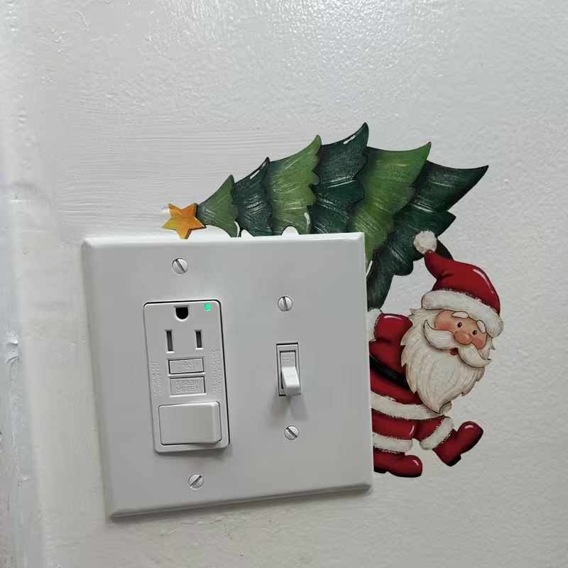 Wall Decor Lighting Tree - 1 Weihnachtslichtschalter-Aufkleber, Weihnachtsmann-Aufkleber, selbstklebender Wandaufkleber, Weihnachtsbaum-PVC-Dekoration